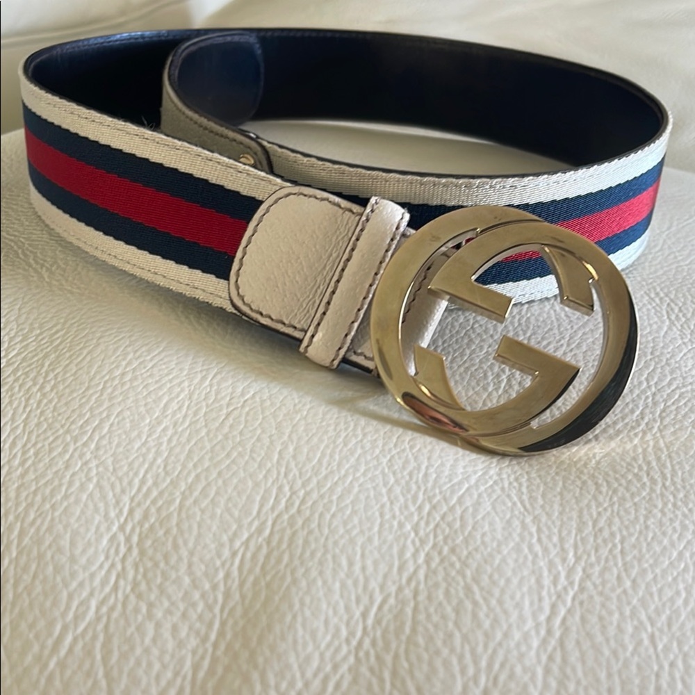 Gucci White and Blue Stripe Belt
